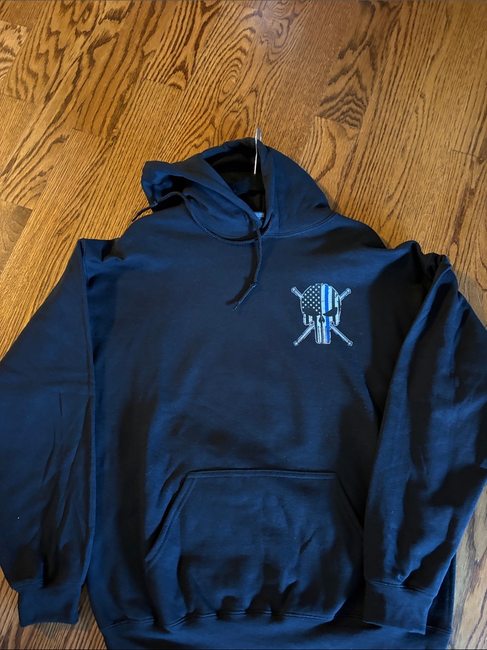 Black Pullover Hoodie with blue line Flag Skull Graphic